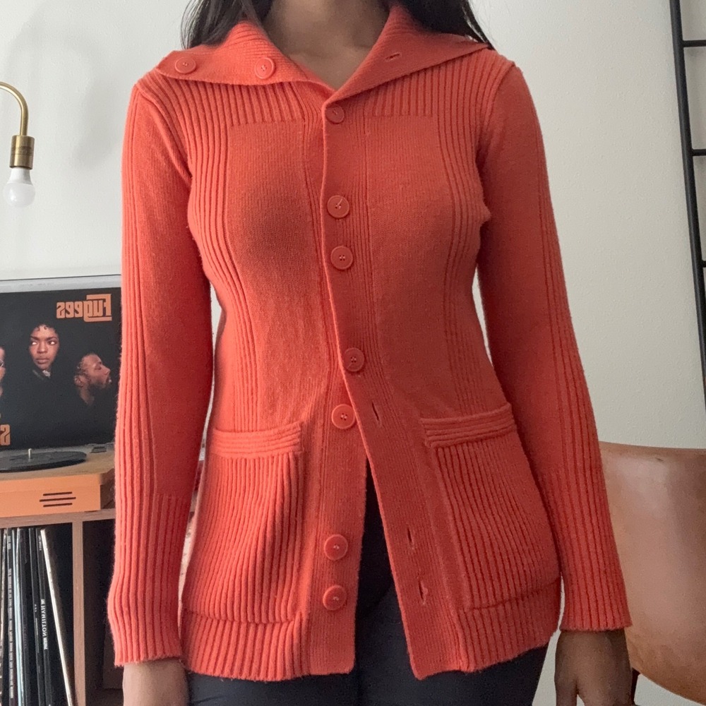Vintage Tanni Orange Ribbed Knit Sailor Collar Button Front Cardigan Sweater M